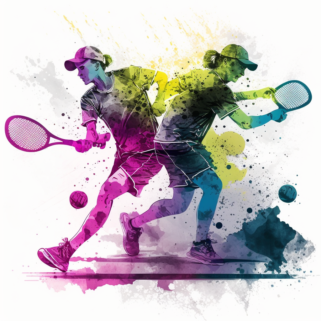 Design a watercolor clipart image of Pickleball players competing in a ...