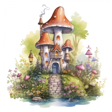 watercolor Fairy Tale Mushroom Castle clipart: Paint a whimsical mushroom castle standing tall amidst a magical landscape, surrounded by enchanting flowers, vines, and woodland creatures 5*5 inch white background