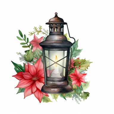 Hand-paintedWatercolor Christmas card with lantern, poinsettia, and fir branches. Hand painted holiday composition with flowers Full body realistic cartoon in 32K UHD cute. 15 cm thick outline. Black color. There was no shadow on the ground. 8k with realistic watercolors and detailed illustrations. PNG clipart, transparent white background