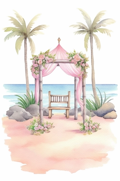 Isolated on a white background, in a feminine style that is populair on Etsy, wedding vow ceremony area decorated for wedding on the beach, high resolution, highly detailed, watercolor clipart illustration, soft pastel color theme, baby pink