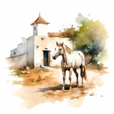 realistic watercolor drawing of a horse on a charming farm in Mexico, on a white background where the background will be removed to repurpose as a clipart.