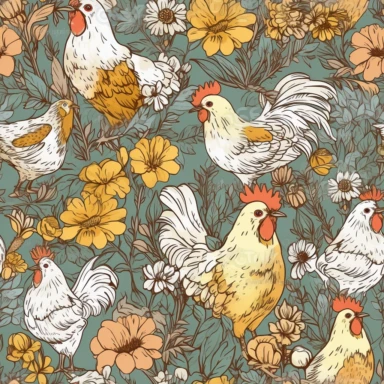 individual chickens with wildflowers, clipart, illustration, colorful sketch, vector