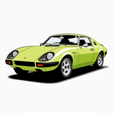 A stylized clipart representation of the 1975 Saab Sonett III in a 3/4 front view. The car's unique design is emphasized with sleek, curved lines and minimal detailing. The lime green color of the vehicle creates a vibrant and eye-catching presence against the pure white background. The angular headlights and distinctive grille are simplified into geometric shapes, while the body of the car is depicted with smooth curves. The wheels are represented as circular forms, and the overall composition 