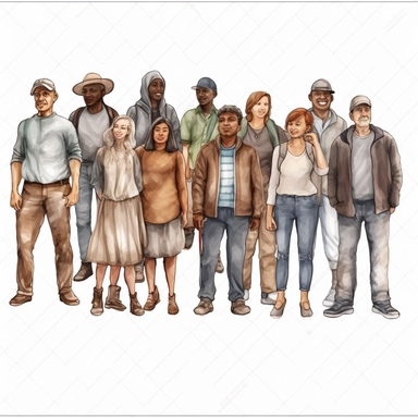 watercolor, Portrait of diverse people standing together Group men and women of different nationalities and ages isolated. United of various generations. Social diversity or population png Full body realistic cartoon in 32K UHD cute. 15 cm thick outline. Black color. There was no shadow on the ground. 8k with realistic watercolors and detailed illustrations. PNG clipart, transparent white background