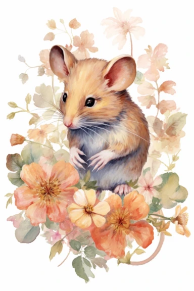 Chromolithography, vintage watercolor mouse floral clipart, nursery art, little mouse, mouse art, kids wall art, baby animal prints, isolated on white background, intricate details, hdr, 8k