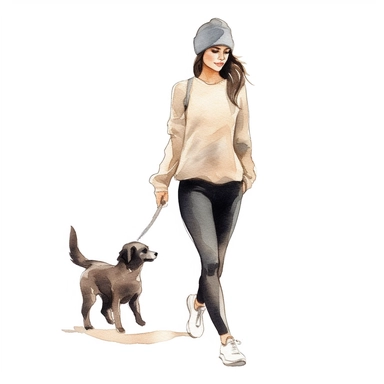 a watercolor sticker of an attractive woman in black workout croptop, legging and nike cap walking her dog confidently. Clipart. Neutral beige faded color palette. White background. Artistic illustration. Hand-drawn.