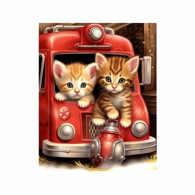 Nestled inside and out of a fireman boot, outside the big doors of a fire out, a pair of adorable, fluffy kittens romp, fire engine clipart