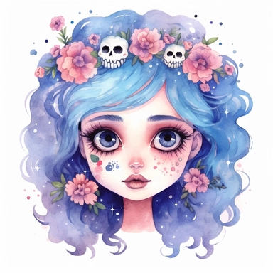 cute girl floral clipart watercolor with skull space eyes