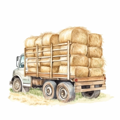 side view realistic watercolor drawing of bales of hay on a rustic truck on a farm, on a white background where the background will be removed to repurpose as a clipart.