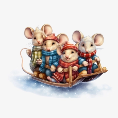a group of mouse kids playing in the sled on the snow, christmas, holiday, detailed, hd, clipart