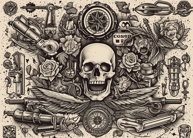 tattoo banner svg clipart in white brakes tool wrenches oil pressure engine car svg cut file, in the style of hand-drawn animation, etched still lifes, technological art, mechanical sculptures, tapestry and wall hanging, ceramic, realistic hyper-detail