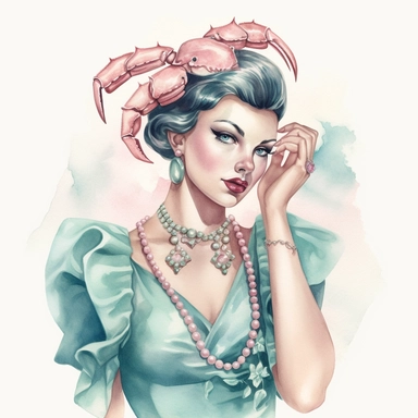 Hand drawn 1950’s pin up woman, dressed like cancer the crab, very glamorous with jewelry, shades of dusty rose blue and teal, half body, very detailed and realistic, watercolor, white background with margins, clipart style