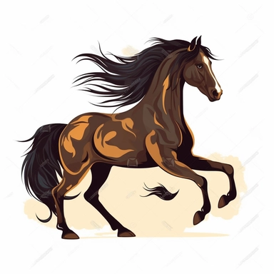 Clip Art, 2d, Flat Vector, DARK BROWN ARABIAN Breed Horse With BLACK Extremely long thick Mane LOGO on White Background, NO TEXT, NO WATERMARK,