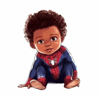 A biracial little newborn baby boy superhero as marvels spiderman, sitting down, tiny cute little baby, curly afro hair, , red and blue colors, watercolor art, clipart