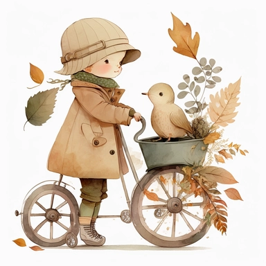 watercolor, very cute little child in a pastel beige coat with lots of pockets, vintage magician hat, baby orange trousers, holding a basket, with a backpack, on a vintage tricycle with big wheels, sorounded by flyes and birds, and some big leafes behind, clipart, white background