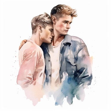 Watercolor drawing of a handsome dreamy gay couple, boyfriends, romantic watercolor clipart, white background, isolated on white, 8k, watercolor style