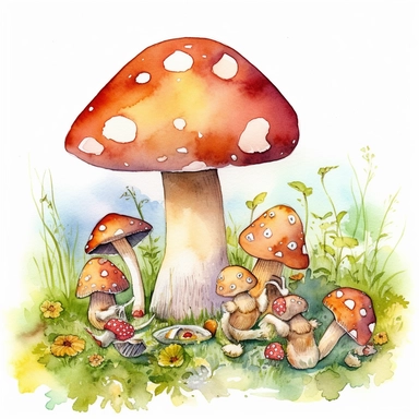 Clipart, A watercolor painting of a mushroom family having a picnic in a grassy meadow, white background