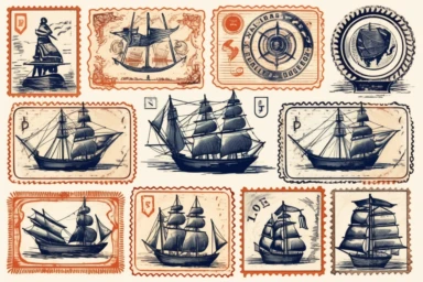 set of nautical themed stamps clipart, isolated on white background