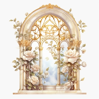 watercolor, white background, clipart, watercolor, white background, ultra-realistic and hyper-detailed clipart beautiful window surrounded by white roses, white and rich gold hues