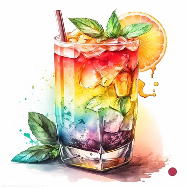 Watercolor Colorful glass of Drink and sun rise Cocktail Clipart ,high quality, highly detailed, watercolor , hand-drawn animation , vibrant color, bright colors, romantic, , watercolor,