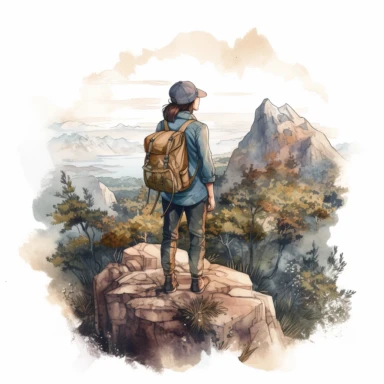 COZY semi-realistic scene of a female hiker , include a wide landscape, extreme wide angle view, transparent background, watercolour clipart illustration style, dreamy, intricate, illustration, detailed , 8k, png, clipart style, deep colours