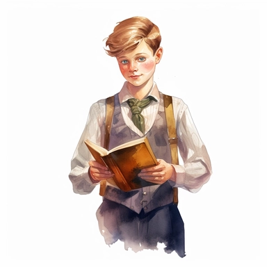 a watercolor of a realistic boy holding a book at his chest, victorian style, vector free clipart illustration, in the style of unreal engine 5, 32k uhd, detailed features, white background