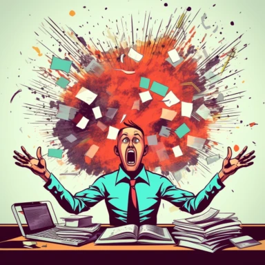 Design a clipart set depicting an office worker with an exploding mind and stacks of paperwork in the background. The office worker should be positioned on the center of the clipart with outstretched hands and a facial expression of stress and overwhelm. The exploding mind could be represented by a thought bubble with explosions, or lightbulbs bursting and scattering sparks. The paperwork in the background could be stacks of documents piled high on the desk or wall, highlighting the worker's hea