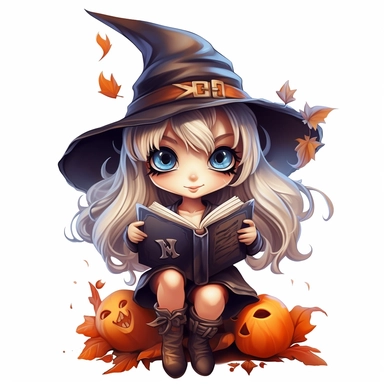 clip art, white background, chibi, halloween witch holding a magic book, ar 3:2