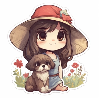 sticker clipart dark brown hair, no light brown A cute and sweet Pixar Shihtzu puppy, fluffy and chubby, knitted hat with red bow, long dress, holds a rose in both hands, beautiful blue eyes, slim body, sweet smile, opens mouth on a spring morning, Small daisies, delicate and delicate, clean sunlight, fairy tales, incredibly high detail, Pixar style, romantic elegance, vibrant colors, natural light, simple background, pure blue, 5 degrees and octane rendering, artstation pop, gorgeous, super wid