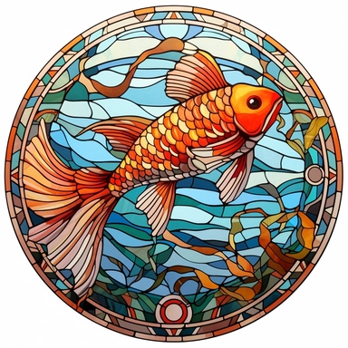 Stained Glass fish ornament,in the style of circular, артур скижали-вейс, animated mosaics clipart on a white background, shutterstock contest winner, generative art, detailed painting, digital illustration, photoillustration isolated on white background, digital watercolor