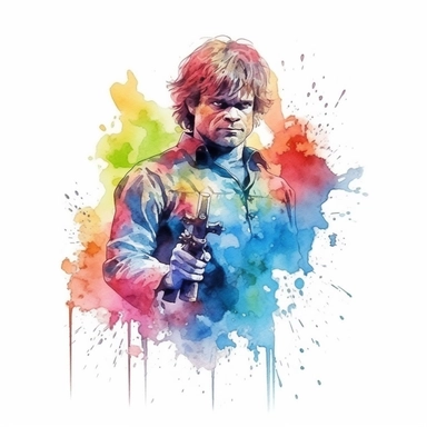 game of thrones Tyrion Lannister deffending castle, with axe clipart ,water color,fantasy,colorful,splash effect