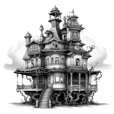 scary horror Steampunk one house Clipart, Retro Futuristic Victorian Era Art, white background