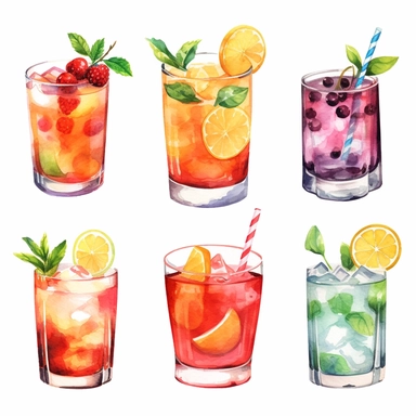 Alcohol cocktail collection. Watercolor illustration. Drinks clipart set on white background