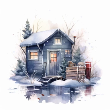 watercolor clipart of a cute ice fishing hut, sparkles, cosy winter wonderland vibes, isolated on white background