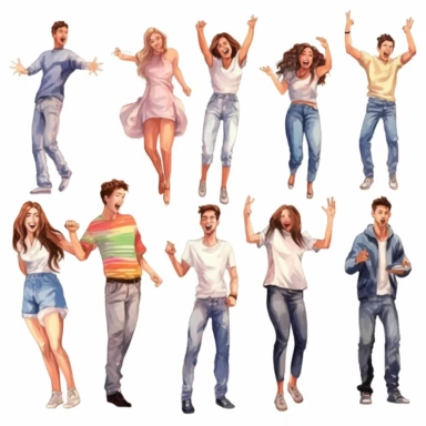 watercolor, Set of amazed, surprised young people. Young men and women with open mouths and excited reactions. Happy, glad teenagers. png Full body realistic cartoon in 32K UHD cute. 15 cm thick outline. Black color. There was no shadow on the ground. 8k with realistic watercolors and detailed illustrations. PNG clipart, transparent white background