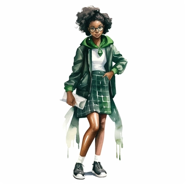 watercolor, black woman dressed up in harry potter slytherin clothing, green and black tennis shoes, style of mary blair white background, clipart