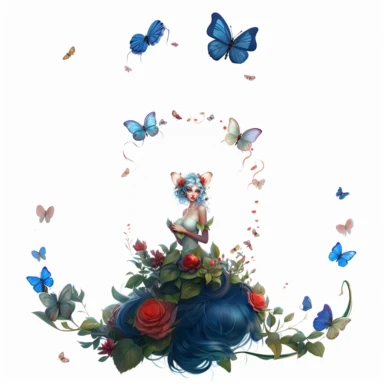 a whimsicel beautiful Fairy Closeup face, big blue deep eyes, with high detailing with facial hare and lips, laughing , a big Ladybugs sitting on her hand, Clipart on a white background