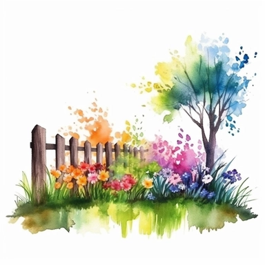 clipart, isolated on white background, Watercolor Spring beautiful ornated fence fulls of the colorful flowers and grass and plants and branches and tree, ornated, vivid and vibrant and saturated colors