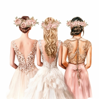 glamour dolce & gabbana half body back shot, watercolor white wedding dress bride wedding hairstyle with beautiful gold headpiece clipart, + two bridesmaids in pink dress, hd, isolated on white background, spaced out ar 3:2