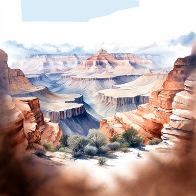 vast panoramic view, full view, illustration clipart, soft watercolor, beautiful grand canyon landscape, sharp focus, high detail, romantic, fantasy, ethereal, transparent background