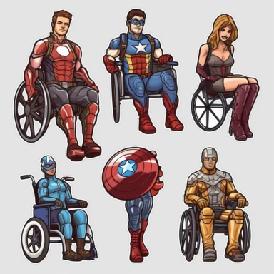 6 clipart elements, series of very hyperdetailed colorful stickers, cool people with disabilities, marvel style, superheros, each sticker with a clear white outline between each element, light grey background, realistic