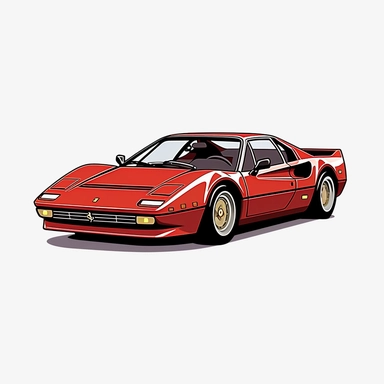 in clipart style, vector image, A meticulously crafted illustration of a red 1975 Ferrari 308 GTB , highlighting its iconic design and graceful contours, placed against pure white background (style: evoking the accuracy and refinement of classic automobile blueprints) (lighting: (colors: an elegant palette for the car's body set against a pristine, white backdrop) (composition: captured from a side view or three-quarter angle using a 35mm lense ensuring enough space is between the car and pictur