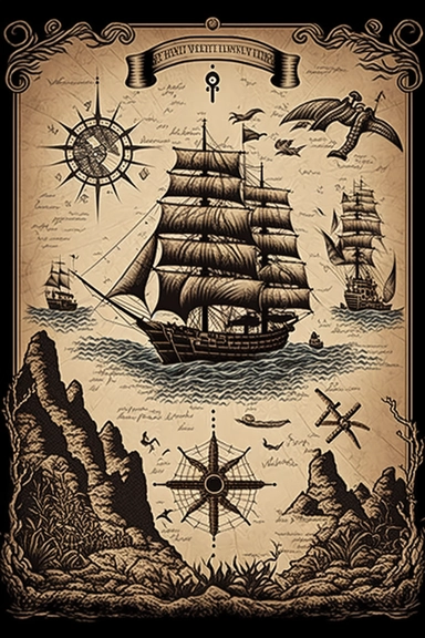 very detailed, high resolution image, hand drawn, dark ink, vintage, antique pirate treasure map, quest map. illustrations of clipper ship, compass, sea monster, mermaid and waves.