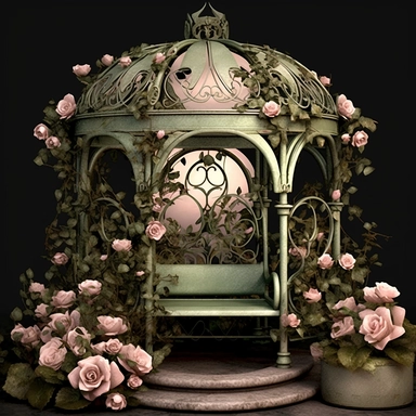 fantasy rose evening garden with antique wrought iron bench and gazebo, soft pink and green and khaki colors, romantic, clipart style, shabby chic, ethereal