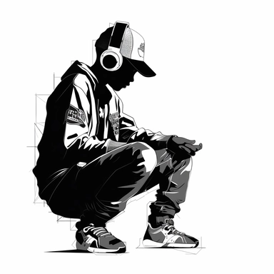 minimalistic black and white clipart style of a boy playing video games in rap clothing