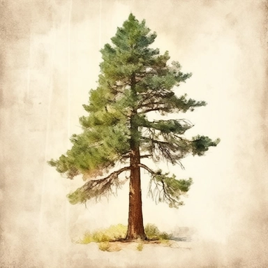 one single beautiful, photo realistic, proud, healthy, green watercolor pine tree clipart with only one trunk at summer, cut out, vintage beige background