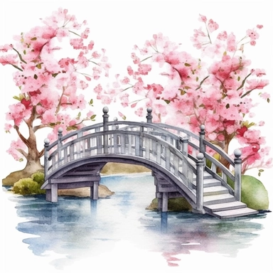 realistic Spring Bridge Watercolor Clipart, Japanese style, white background