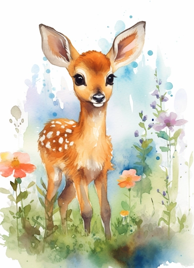 baby deer on a flower field, in the style of 2d game art, nostalgic paintings, 32k uhd, colorful dreamy watercolor scenes, adventure pulp, classical, historical genre scenes, rough-edged 2d animation, watercolor clipart, white background
