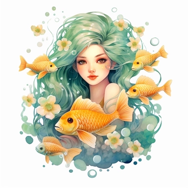 Pisces zodiac sign as fantasy cute girl surrounded by two golden fish, water, sea green, water theme, water Lily, Watercolor pisces Zodiac Sign Clipart, 8k, detailed white background, uplighted