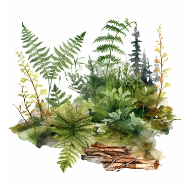 bark and moss and fern clipart watercolor